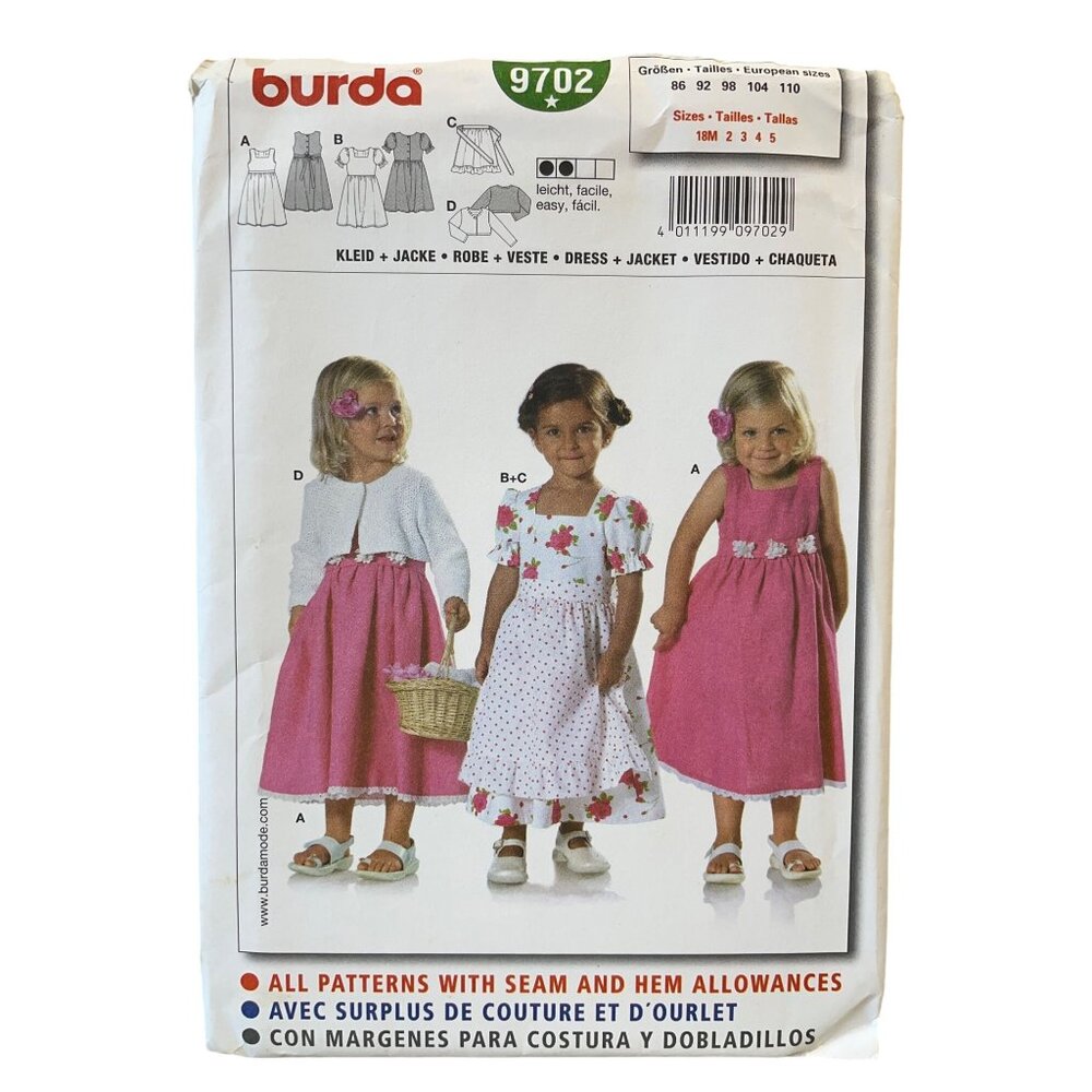 Burda 9702 Girls‎ Dress & Jacket Sewing Pattern Sizes 18M-5
